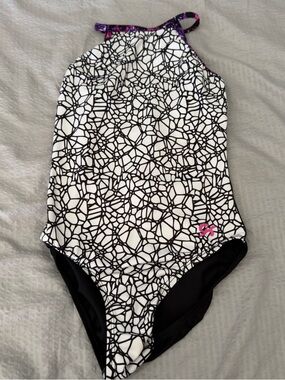 GK Girls Black & White gymnastics leotard with Pink & Purple Accents